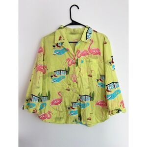 Nick & Nora Pajama Button Down Top Backyard Flamingo BBQ Relaxation Comfy Summer